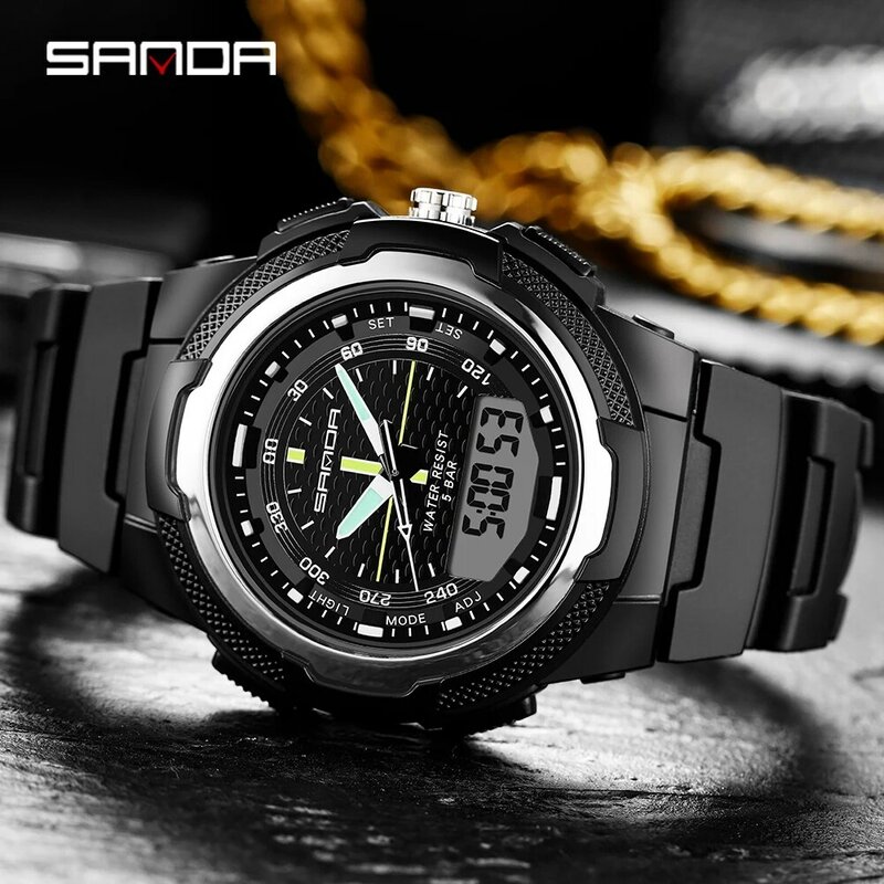 Sanda relógio esportivo masculino de luxo, relógio de quartzo estilo militar casual, à prova d'água s-shock, 3004