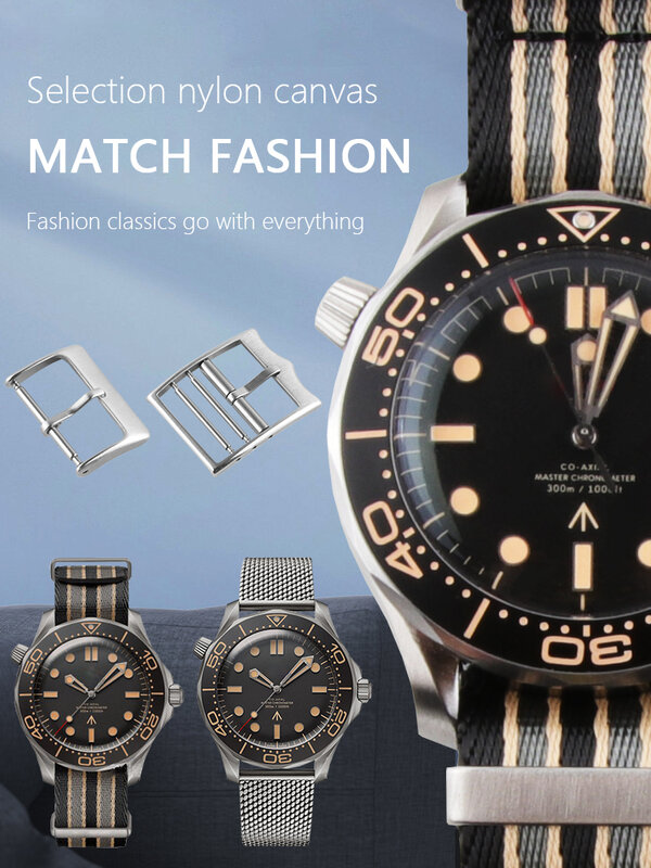 Canvas Gestreepte Nylon Horlogeband Nato Strap 20Mm Voor Omega007 Sea Master Nato "Geen Tijd Te Sterven" Armband pin Buckletools