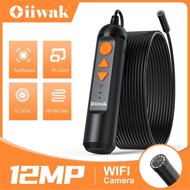 Oiiwak 12MP WiFi endoscopio telecamera messa a fuoco automatica boroscopio Wireless 1944P 14mm tubo fogna idraulico serpente telecamera