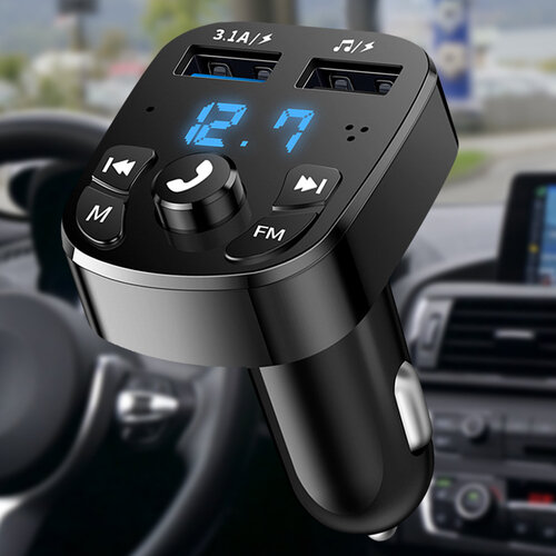 Bluetooth coche manos libres coche bluethooth coche Transmisor FM versión 5,0 compatible con Bluetooth, Kit de reproductor de coche, cargador de tarjeta rápido con voltímetro USB Dual QC3.0 y entrada y salida AUX