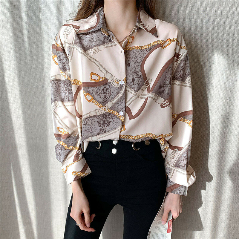 Blusa de gasa de manga larga para mujer, camisa holgada informal con estampado Vintage, ropa superior para primavera y otoño