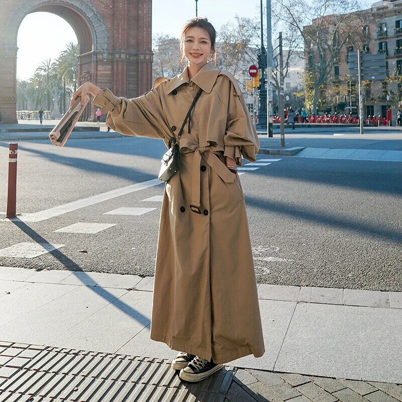 Trench-Coat ample et surdimensionné de Style coréen pour femme, manteau à Double boutonnage avec ceinture, coupe-vent, vêtement d'extérieur gris pour printemps et automne