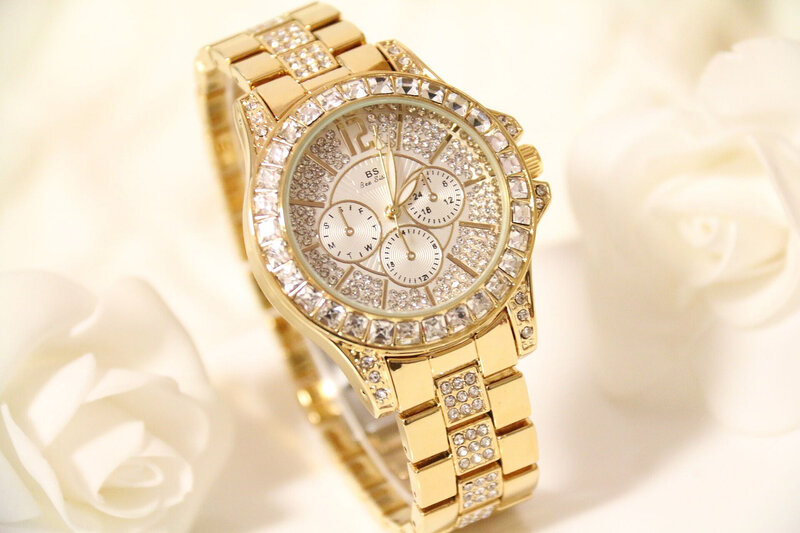BS Letter-Reloj de pulsera con diamantes de cristal para mujer, cronógrafo analógico de cuarzo, de lujo, Color dorado, plateado y rosa, 38mm