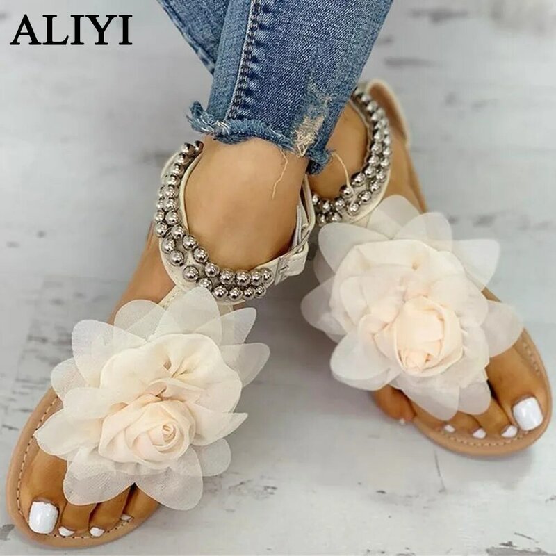 2021 Bohemian Style Shoes Women Summer New Flower String Bead Ladies Holiday Beach Sandals 35-43 Large-Sized Female Comfy Shoes