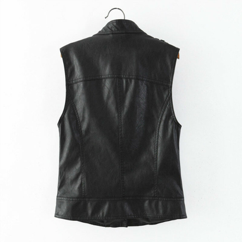 Chaleco de cuero negro de talla grande 3XL para mujer, chaqueta de cuero de motocicleta con cremallera fresca, combina con todo, f558