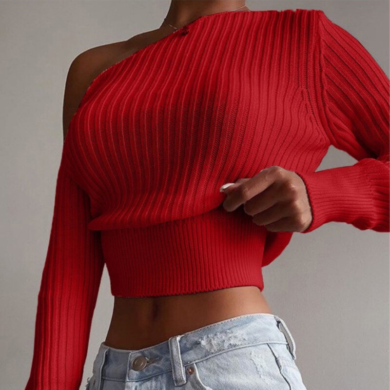 Sweter Rajutan Solid Fashion Wanita 2021 Sweter Kasual Pullover Pendek Desain Bahu Terbuka Lengan Panjang Baru Musim Gugur