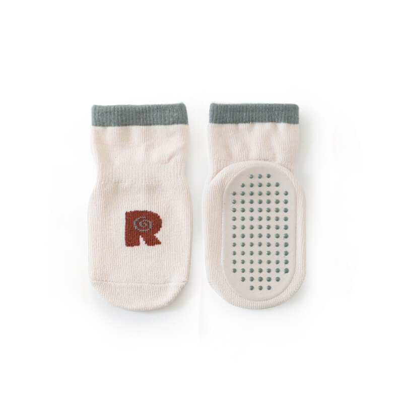 Chaussettes de sol antidérapantes en coton pour bébé, couleur unie, motif de lettres pour nourrissons, unisexes, chaussettes courtes à la cheville, accessoires pour enfants