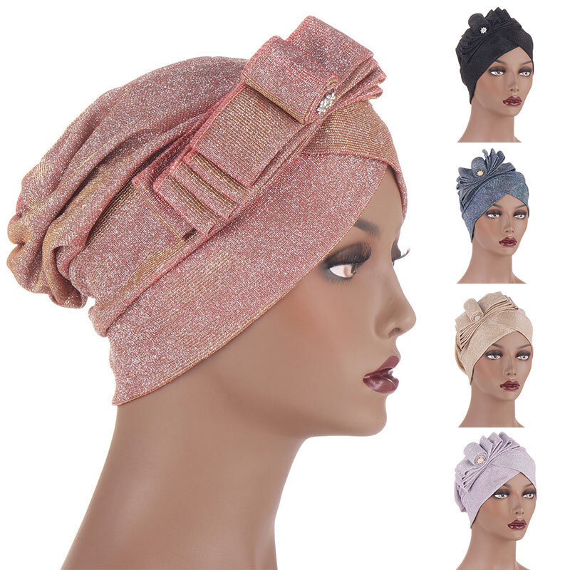 Bow-Tie Glitter มุสลิมหัว Wraps ผ้าพันคอดอกไม้หมวก Headwear ยอดนิยมผ้าพันคอหมวก Turban Headscarf Bonnet ตกแต่ง Headband