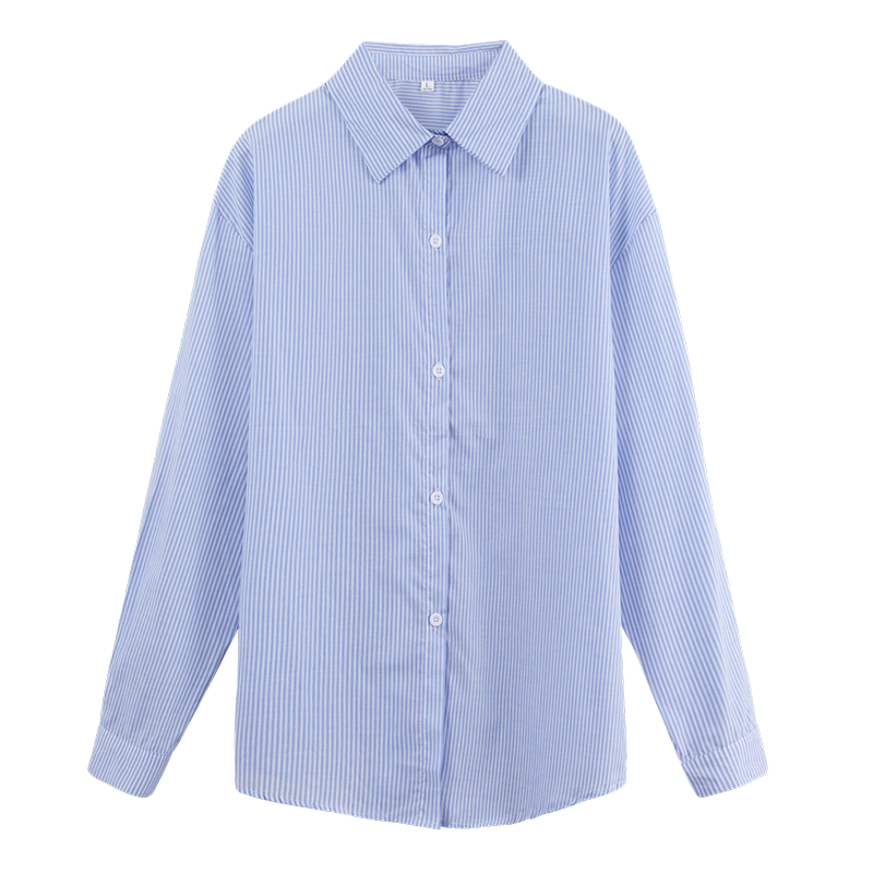 Blusa informal de manga larga para mujer, camisa 100% de algodón a rayas, color azul claro, talla grande 2XL, para oficina y otoño