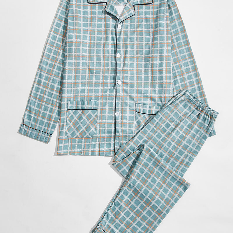 Homem e mulher manga longa pijamas xadrez lazer camisa longa confortável sleepwear sleepwear conjunto combinando quente casa pijamas