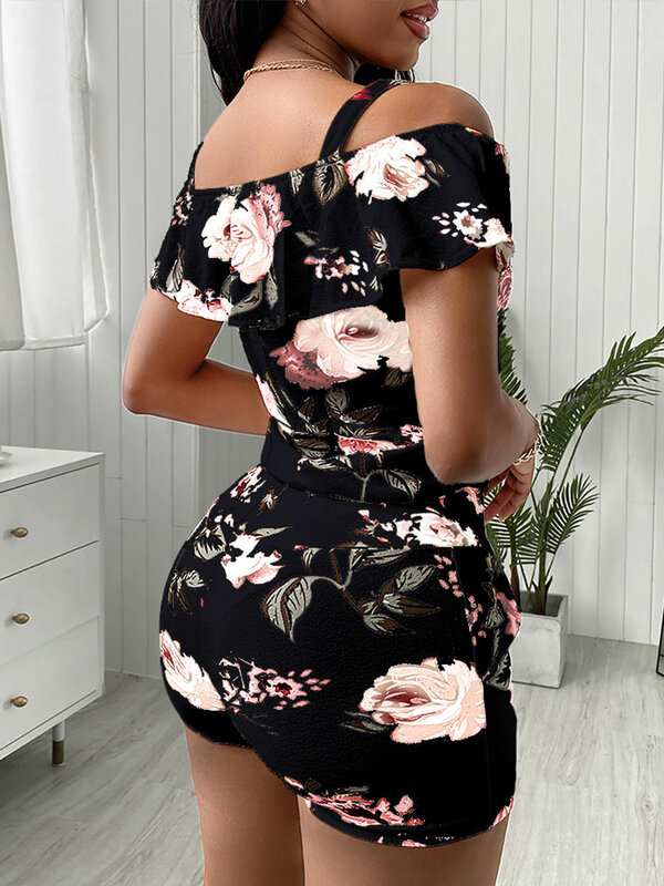2021 Summer Ladies Casual Short Sleeve Two Piece Sets Cold Shoulder Floral Print Top & Drawstring Shorts Set