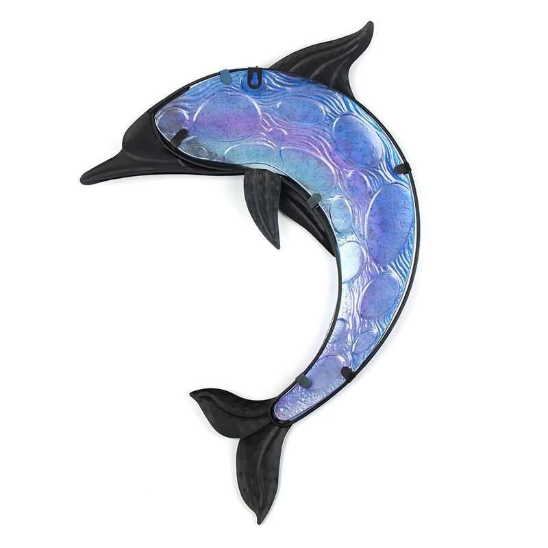 Figura de Animal de Metal para decoración de jardín, decoración de pared de delfín con cristal de pintura azul, estatuas y esculturas al aire libre