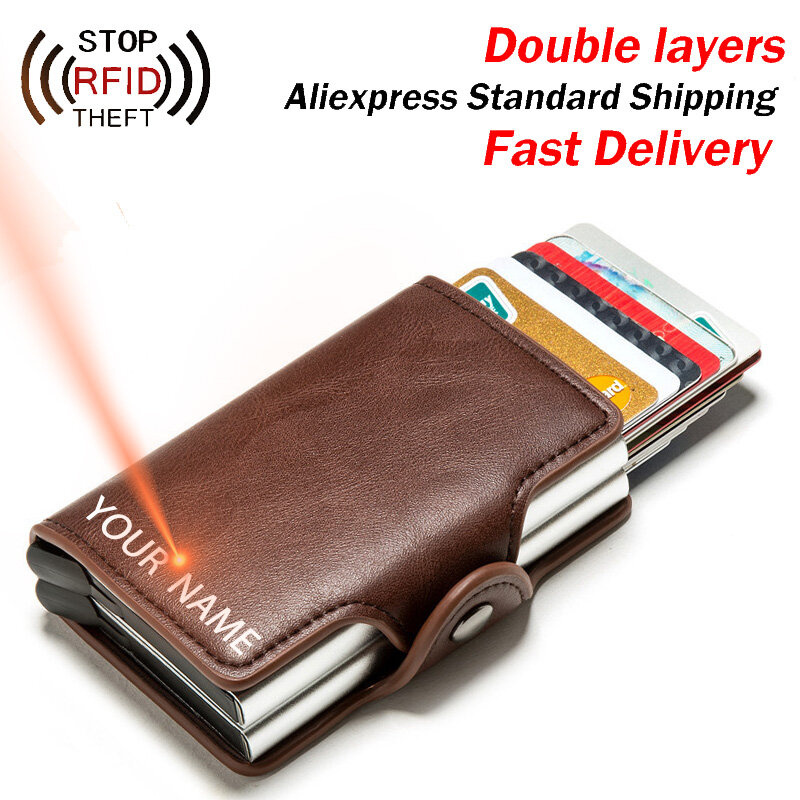 Tarjetero con grabado RFID Unisex, billetera de cuero PU, doble capa, tarjetero de negocios, caja de aluminio