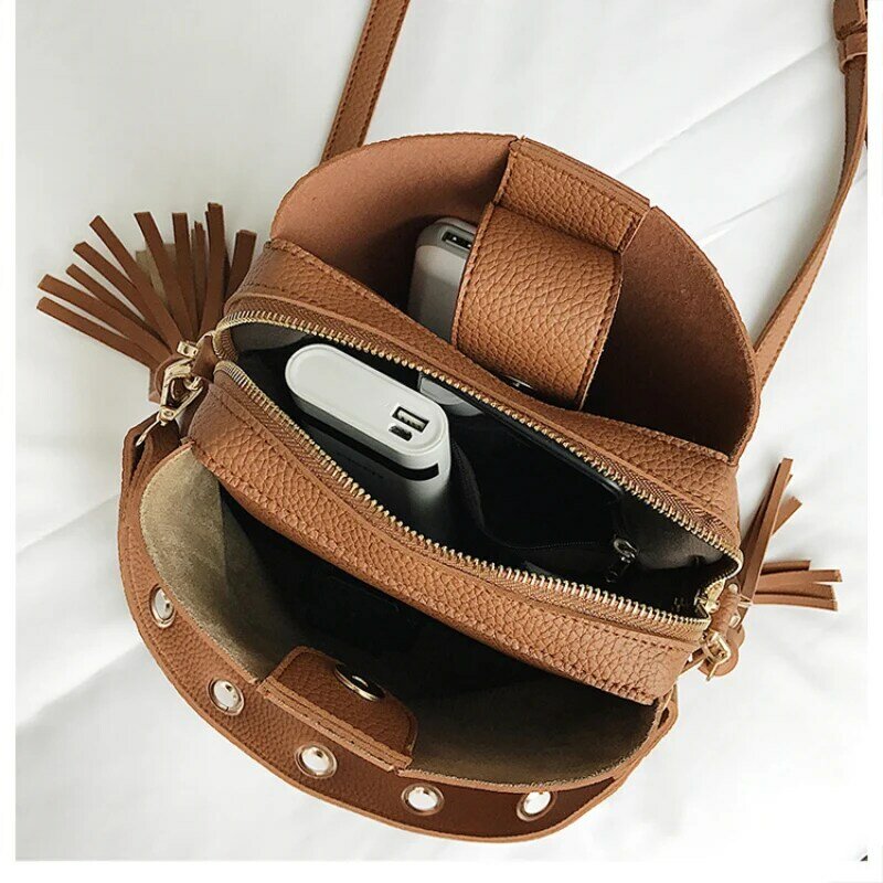 2020 Новая модная женская сумка-ведро винтажная сумка-мессенджер с кисточками Высококачественная Ретро сумка через плечо Простая Сумка-тоут
