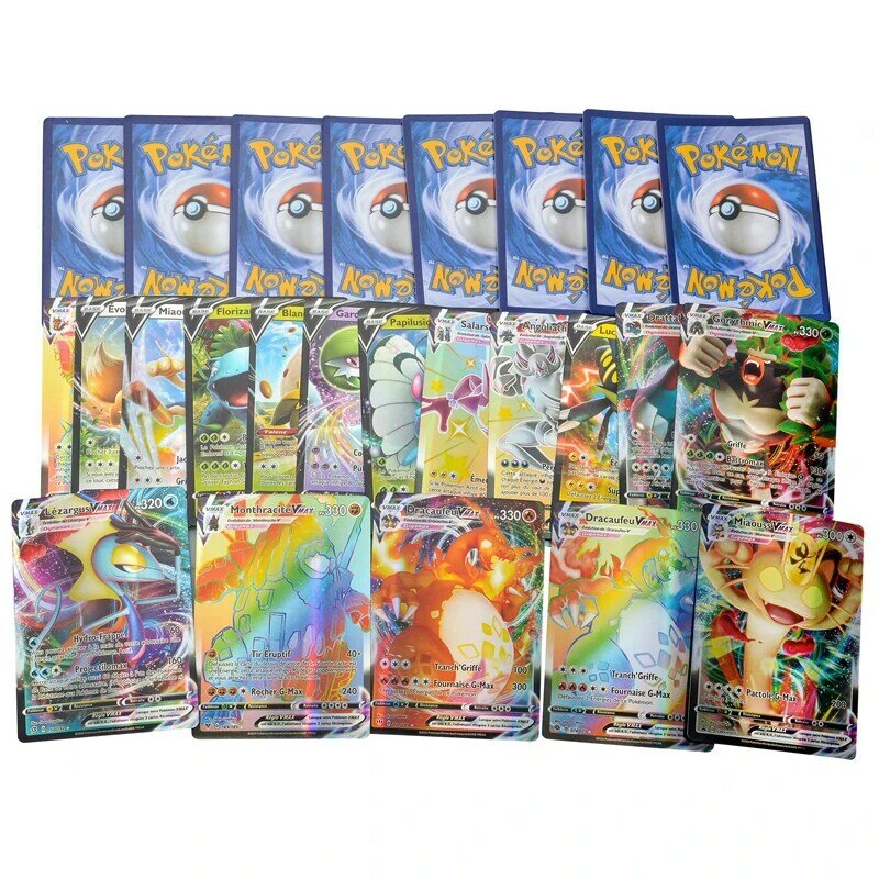 Cartes Pokemon Version Française, avec 10 V 50 VMAX 100 Gx 60 Tag Team 20 MEGA 80 EX, Jouet de Collection pour Enfants, 60 à 200 Pièces