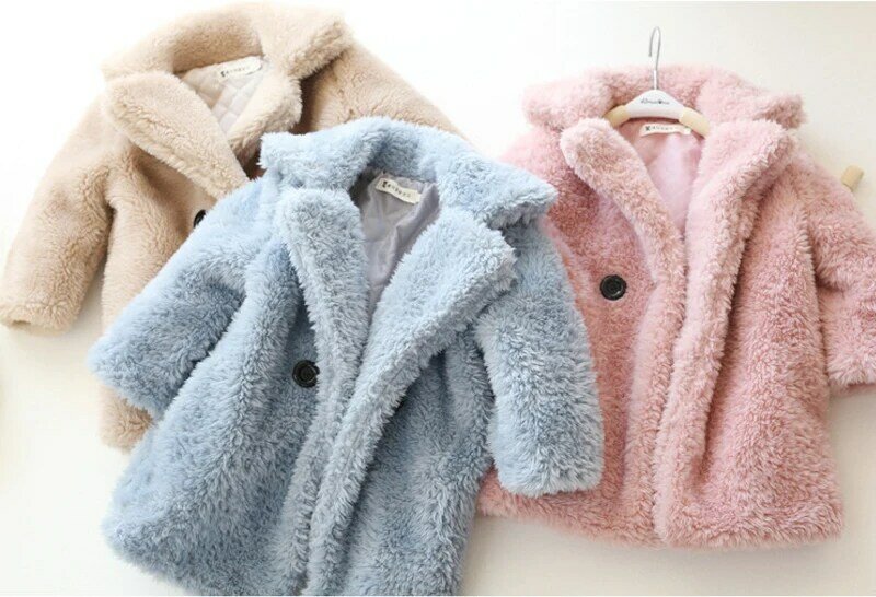 2-12 Years Children Faux Fur Coat Baby turndown collar Thicken Warm Jacket Girls Long Overcoat Winter Kids girls Casual Outwear