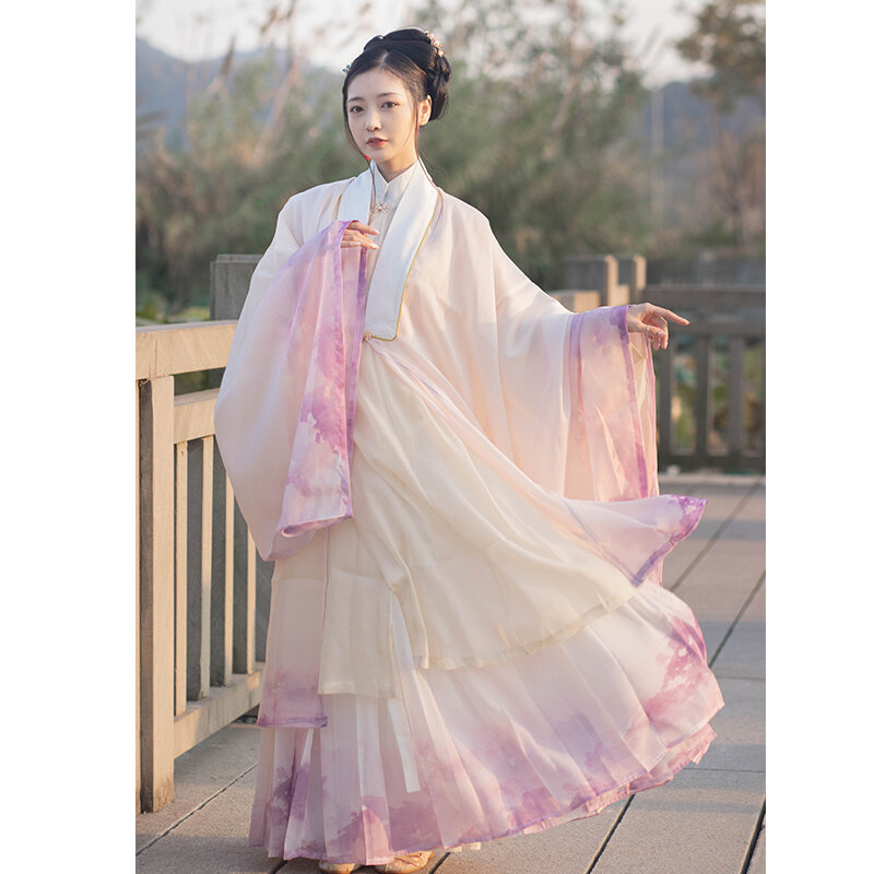تنورة حريمي أصلية مخصصة من Hanfu مصنوعة من ثلاث قطع بطيات مع ياقة واقفة وشال كارديجان مائل