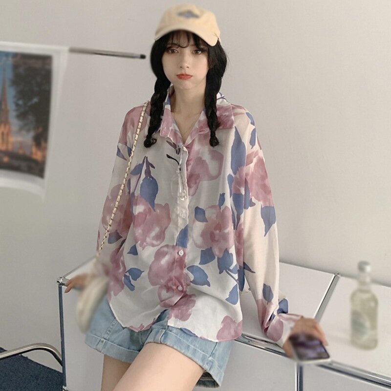 女性のための夏のシフォンシャツ,韓国のファッション,長袖,愛らしい,花柄