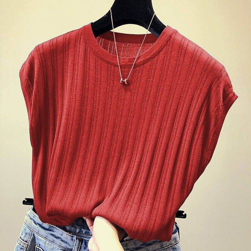 2020 Fall Summer Ice Silk Knitted Tops Short Sleeve Solid Bright Office Lady Causal Silk Shirts Fall Korean Japan Slim Knitwear