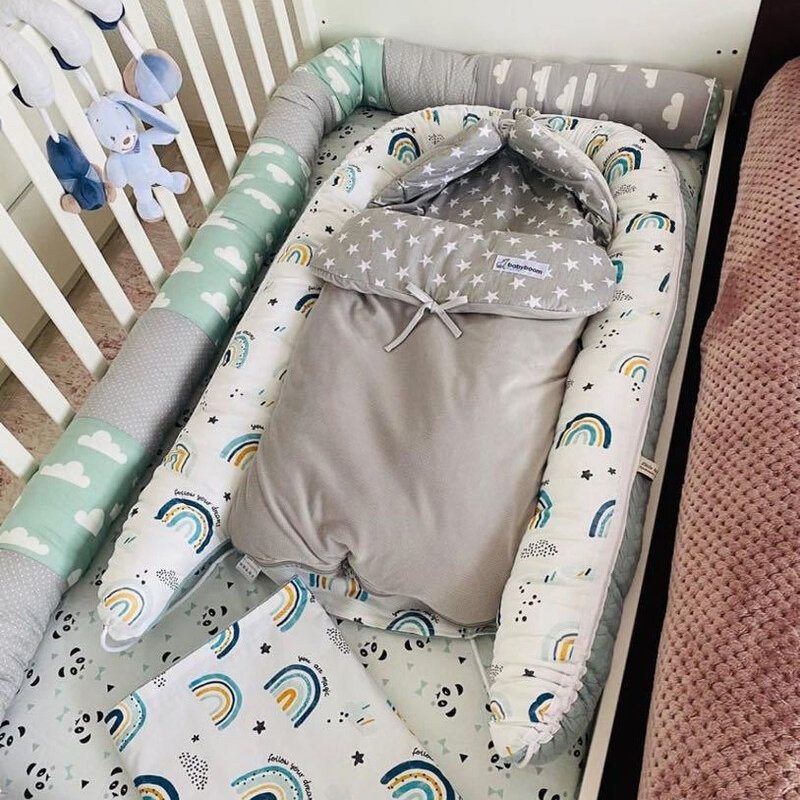 Protector de cuna de bebé, corralito seguro de algodón, bonito arco iris largo, almohada nórdica para dormir, cojín infantil anticolisión