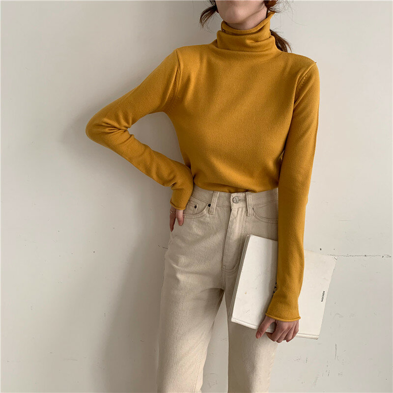 Yitimoky Turtleneck Sweater Women Fall 2021 Pullover Winter Vintage Tops Clothes Slim Elastic Soft Shirts Brown Black White New