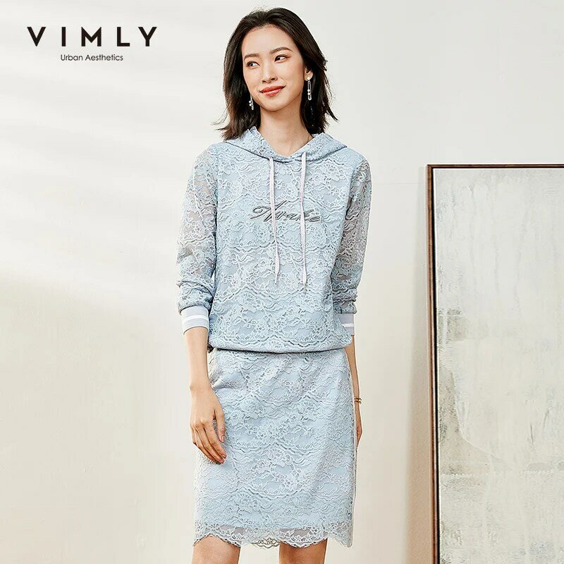 Vimly – sweat-shirt à capuche et jupe en dentelle brodée pour femme, vêtements décontractés, taille haute, ensemble deux pièces, F0107