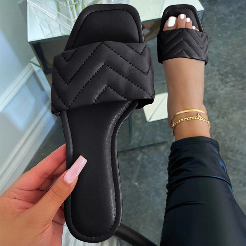 Women Flat Slippers Ladies Slip On PU Leather Beach Shoes Woman Summer Casual Pleated Slipper Female Fashion Footwear 2021 Hot