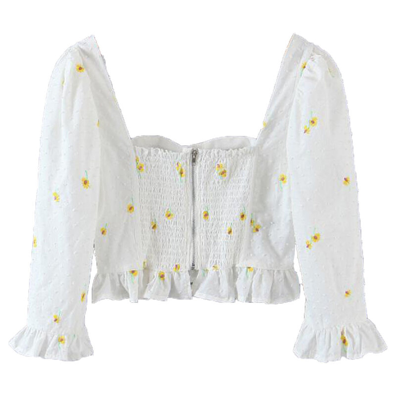 Abbigliamento donna stile occidentale moda francese Daisy ricamo camicia collo quadrato ragazza cotone corto Slim Top camicetta autunno elegante