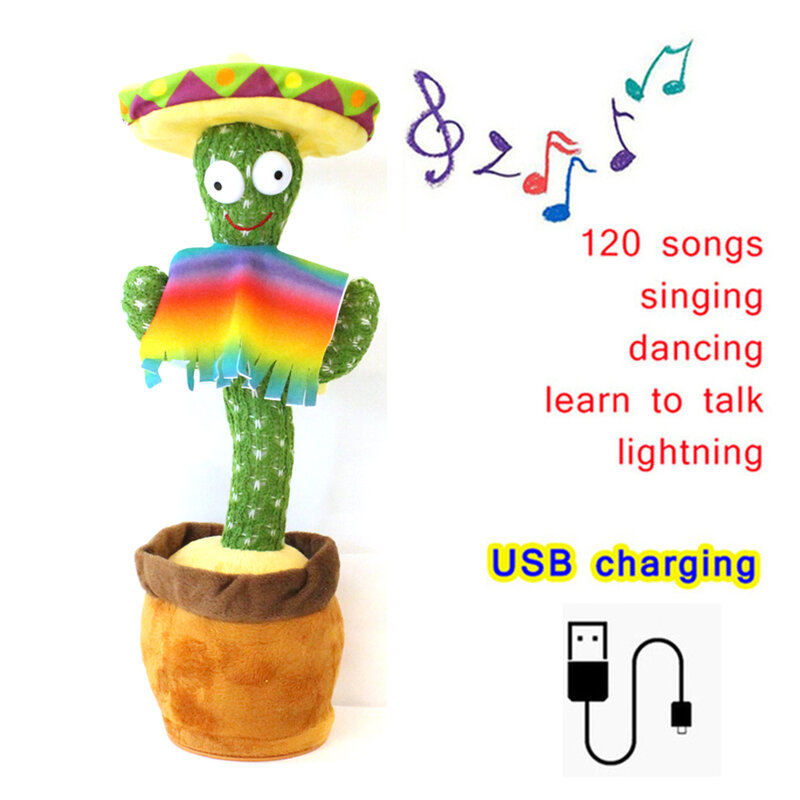 Juguete de peluche de Cactus, canto eléctrico, 120 canciones, baile y torsión, grabación luminosa, aprendizaje de hablar, juguete de peluche giratorio