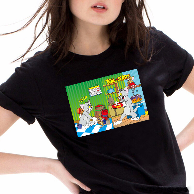 Женская футболка с коротким рукавом, круглым вырезом и мультипликационным принтом