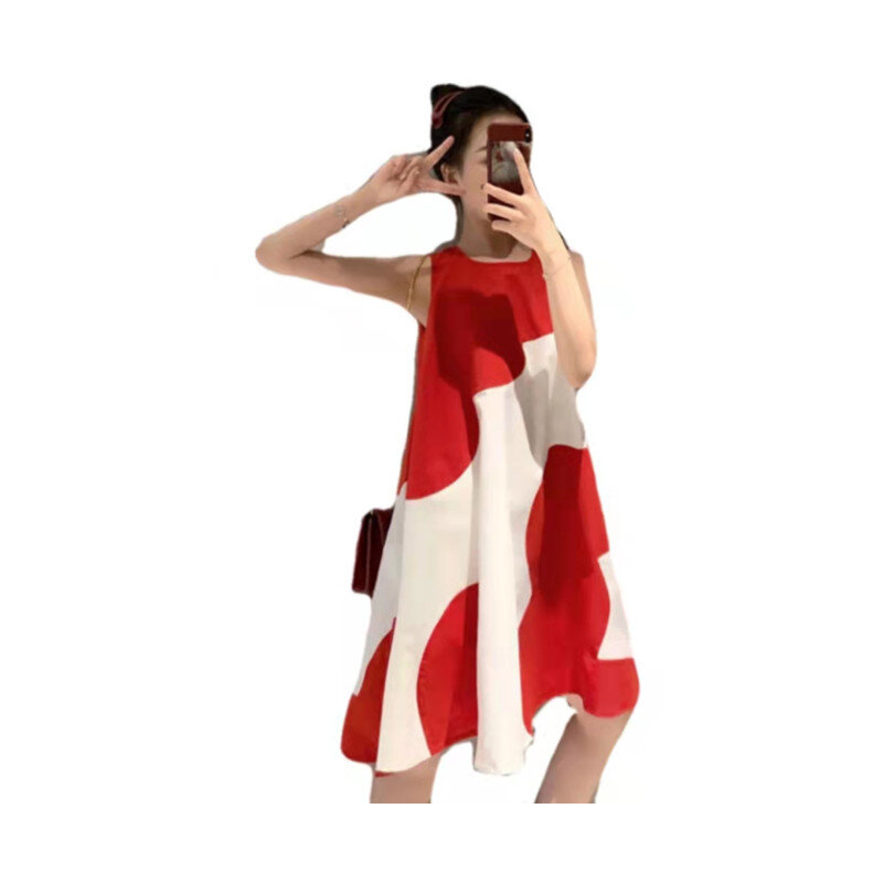 فستان نسائي كبير موضة صيف 2021 فستان فضفاض غير رسمي بدون أكمام متوسط الطول مع خياطة حمراء صدرية رفيعة بطول الركبة