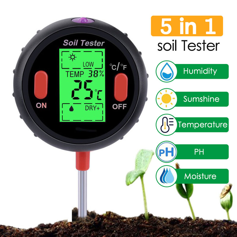 3/4/5in1 Digital Soil pH Meter Moisture Meter PH Levels Temperature Sunlight Intensity Humidity Tester Large Backlit LCD Display