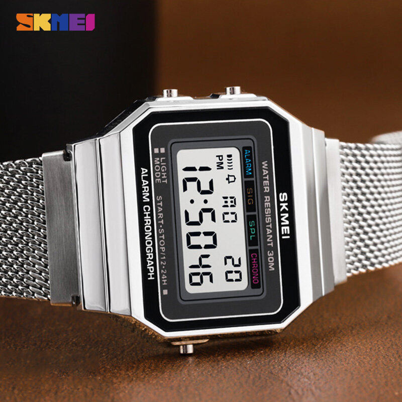 SKMEI Sport Mens LED Watches Slim Dial Digital Men Wristwatches Stainless Steel Band Waterproof Men Watch reloj hombre 1639