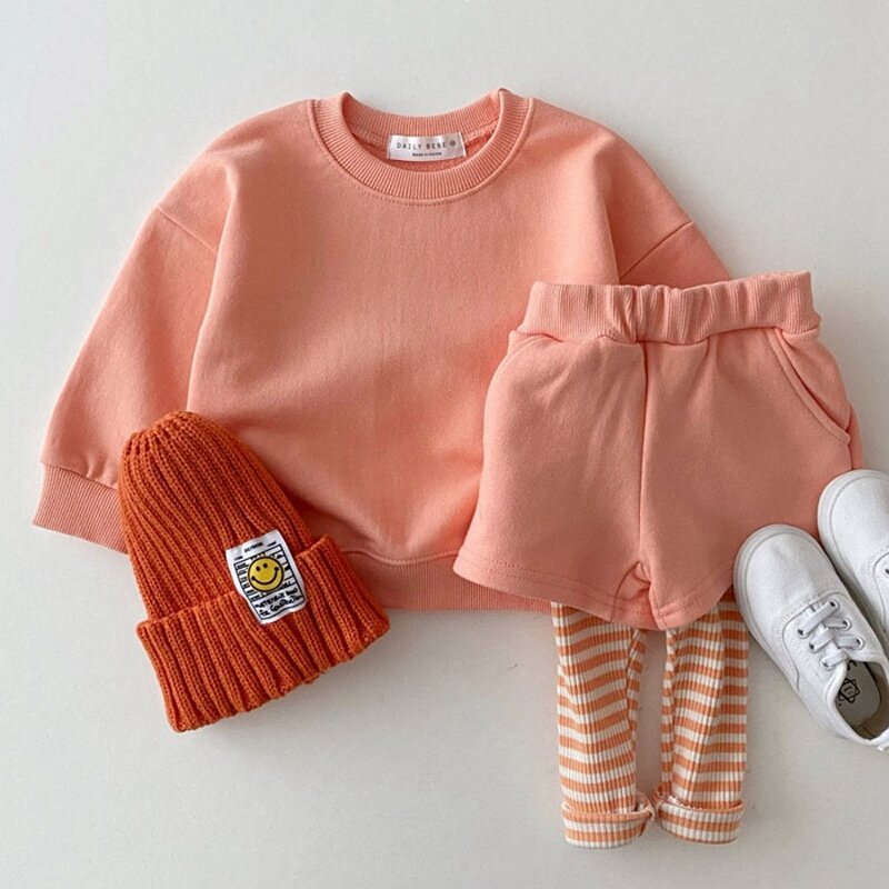 2021 Autumn Baby Girls Boys 2PCS Sets Long Sleeve Hoodies Sweatershit Patchwork Fake Two Shorts Outfit Cotton Baby Tracksuit Set