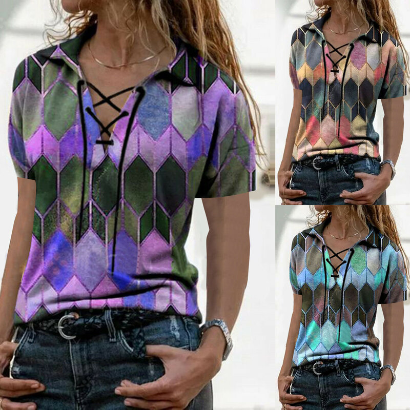 Женская Свободная блузка с коротким рукавом, V-образным вырезом и принтом, летний Топик, Женский пуловер, 2021