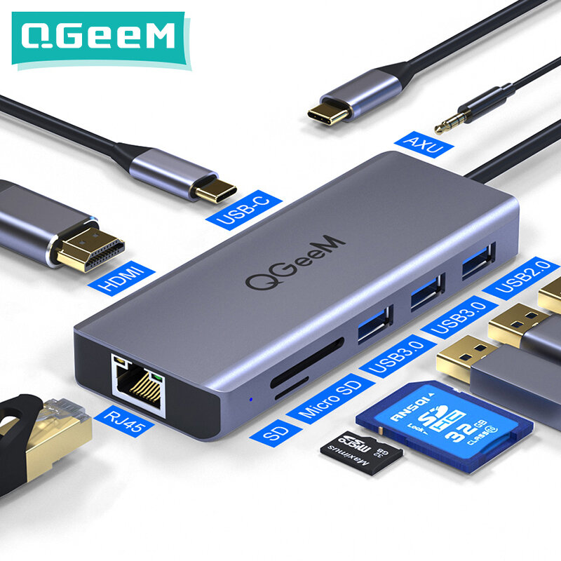 QGeeM USB C 허브 Macbook Pro 용 Air HDMI VGA 마이크로 SD 카드 리더기 RJ45 Aux PD OTG 멀티 USB 허브 유형 C 3.0 노트북 용 어댑터