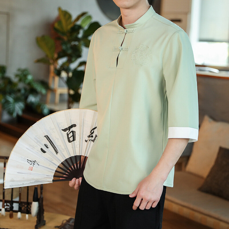 반팔 티셔츠 중국 자수 남성 Hanfu 느슨한 반팔 바텀 셔츠, 2021 여름 신상품