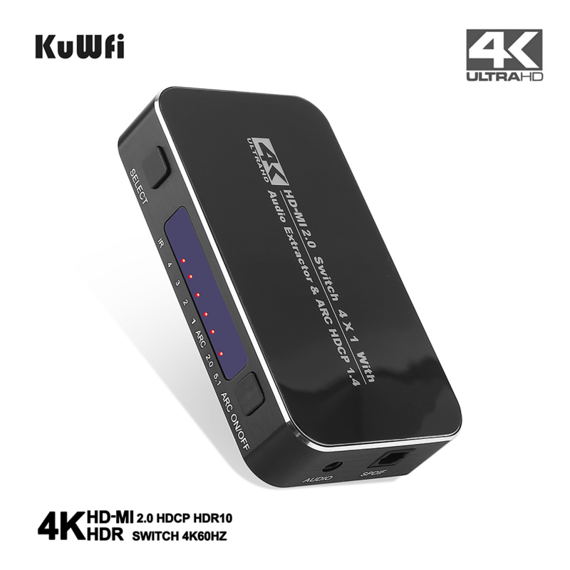 Répartiteur HD * MI 4 entrées 1 adaptateur de sortie répartiteur de HD-MI 4 ports commutateur de câble 4K 2.0 extracteur Audio contrôle ARC et IR