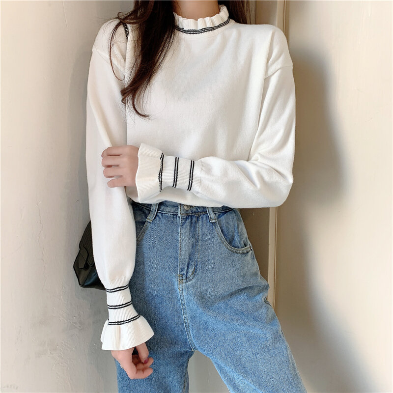 Large Size Fat Girl's Wooden Ear Half Turtleneck Bottoming Shirt Sweater Women's Autumn and Winter New Slimming Inner Western
