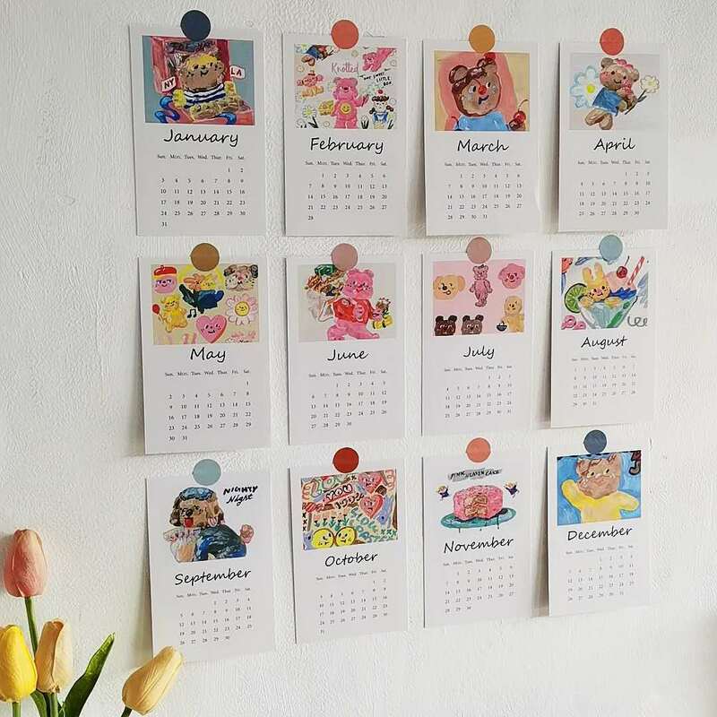Cartoon Cute Oil Painting Bear​ 2021 Calendar Card 12 Sheets Student Bedroom Study Background Diy Wall Sticker Decorative Card