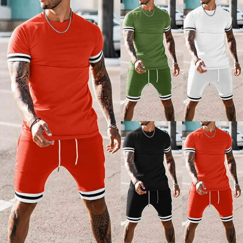 58# Men’s Tshirt Summer 2-piece Beach T-shirts Patchwork Short Sleeve Tops Tee Shirts & Shorts Pants Sets 2021 Camiseta Verano