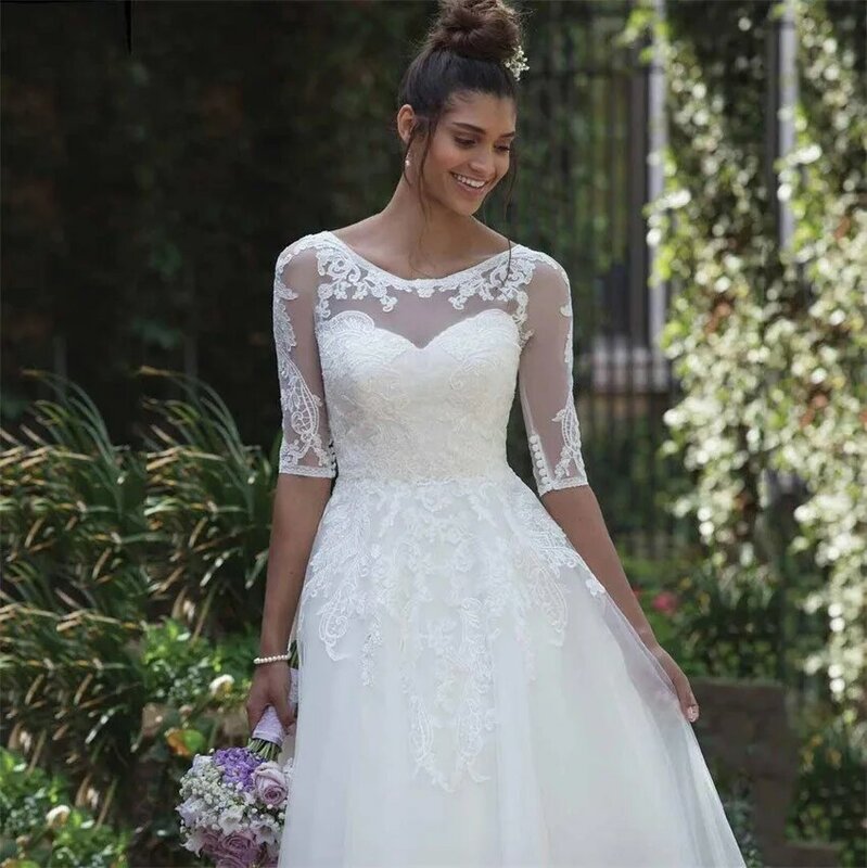 2021 vestido de casamento curto branco para mulher vestido de noiva sheer scoop meia manga na altura do joelho curto vestido de casamento barato