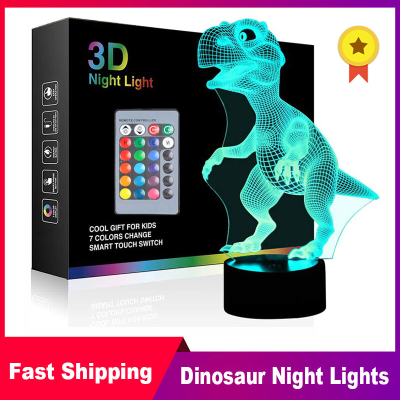 ديناصور ثلاثية الأبعاد ليلة ضوء اللمس المنشط مصباح 10 LED 7 ألوان أضواء الوهم البصري مع الاكريليك شقة لعيد الميلاد الاطفال الهدايا