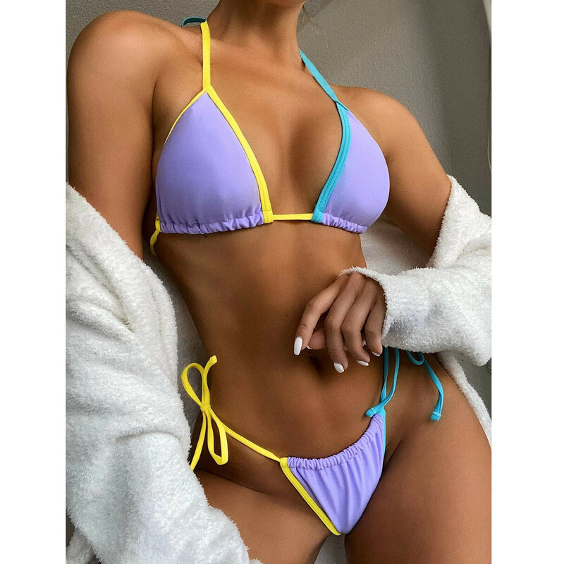 Maillot de bain Sexy pour femmes, culotte tanga, Micro, couleur, bordure, Push-up, Bikini, ensemble deux pièces, style brésilien, 2021