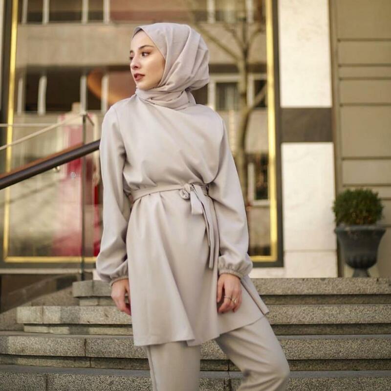 2 Pieces Dubai Muslim lace-up tops and pants suits female kaftan Oman Turkish Hijab Muslim islamic dress ramadan ropa F1493