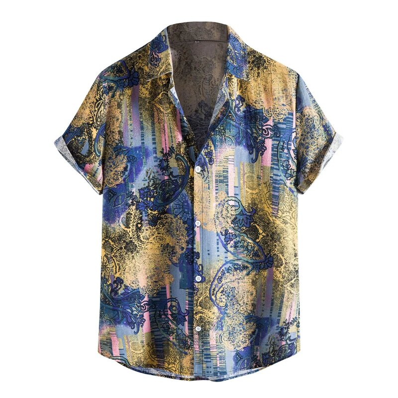 60# Hip Hop Printed Single-breasted Short Sleeve Shirt Men's Casual Hawaiian Flower Lapel T-shirt Short Sleeve Men's Shirt Top