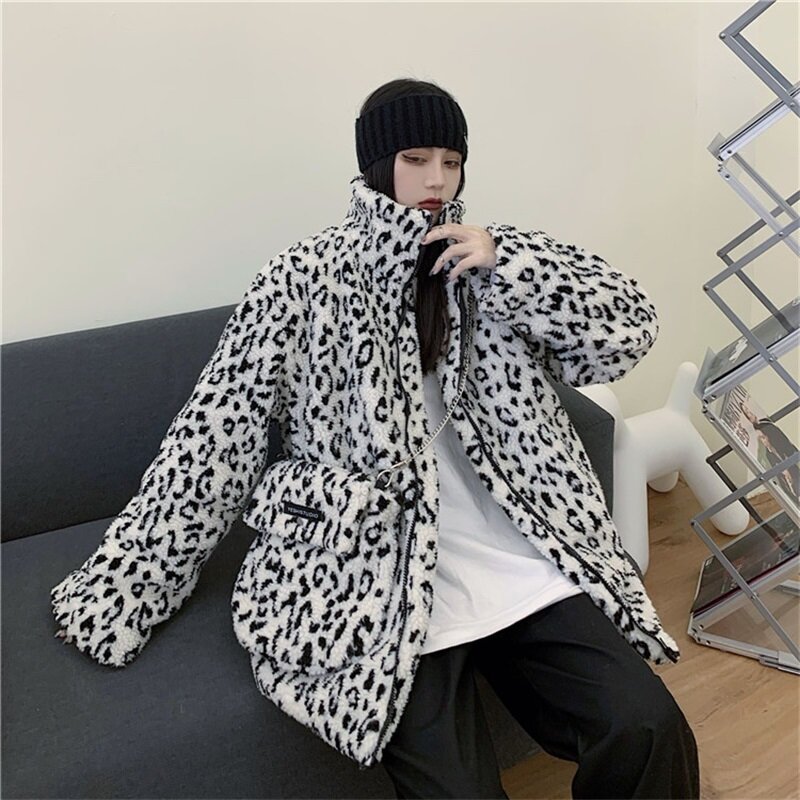 Harajuku Full Sleeve Coat Keep Warm Thicken Personality Leopard Zipper Lambswool Jacket Satchel Design Vintage Cotton Clothes