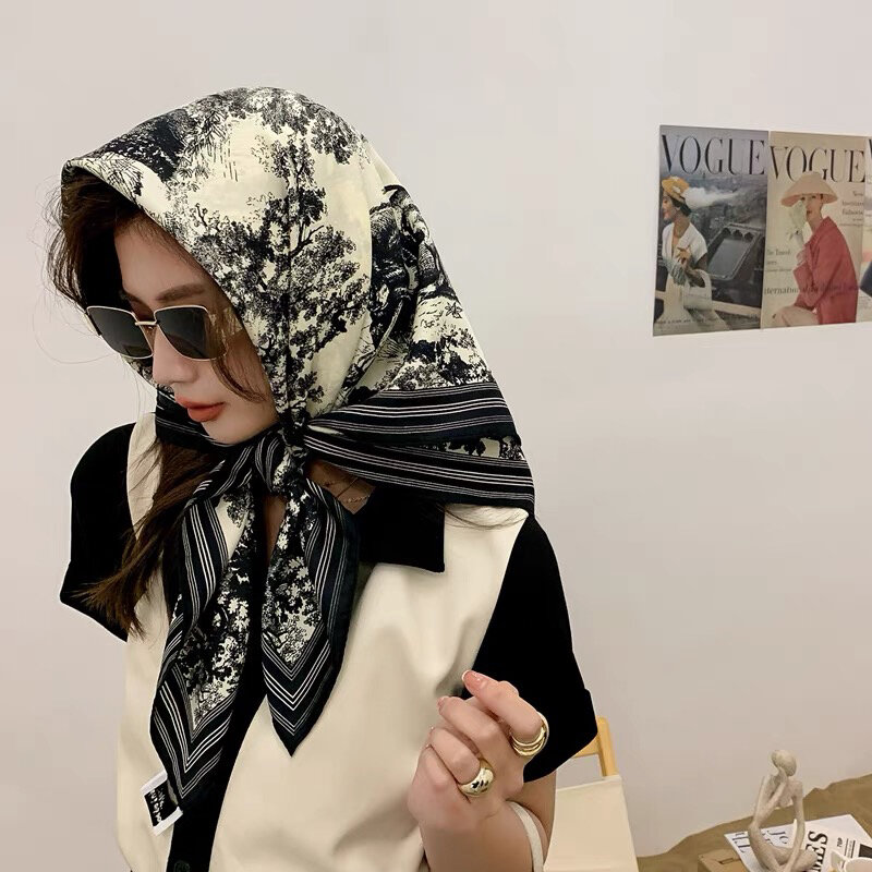 Bufanda de diseño de 90cm x 90cm para mujer, chal estampado de fieltro de seda, pañuelo para la cabeza, pañuelo cuadrado para mujer, 2021