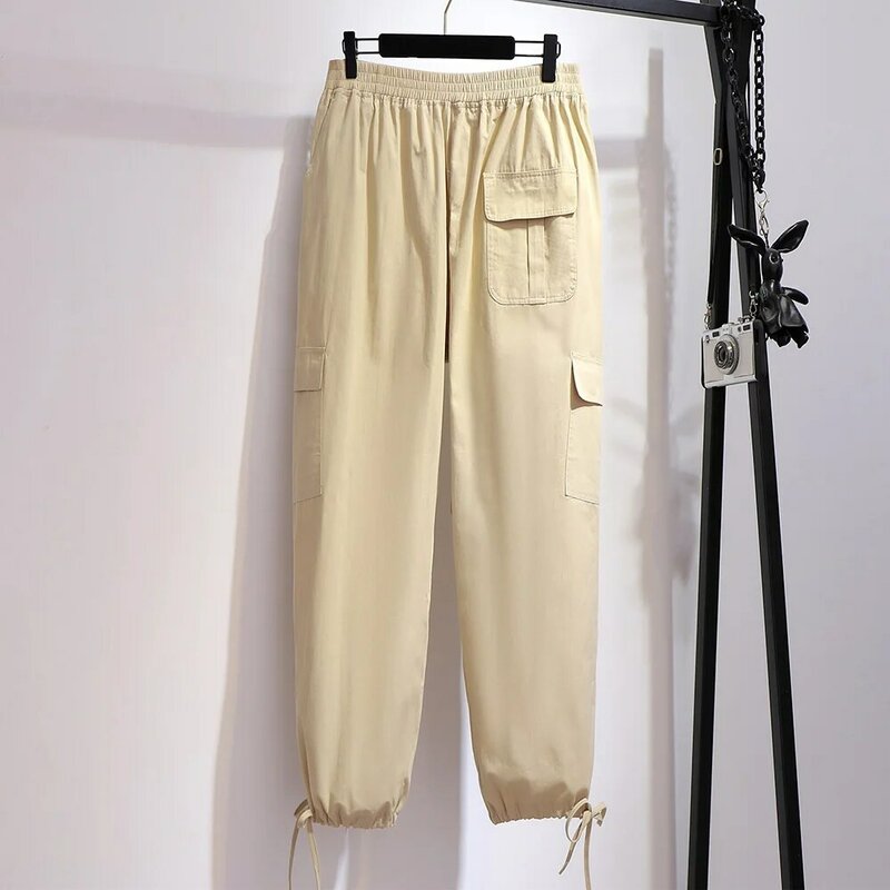 Celana Ukuran Plus Musim Semi Musim Panas Wanita 2021 Celana Panjang Solid Vintage Pantalon Panjang Pinggang Serut Kasual Wanita 5XL