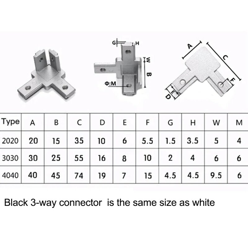 1 conjunto de conector, preto e prata, todas as séries, 3 vias, ponta de canto, suporte com parafusos para slot t padrão, extrusão de alumínio